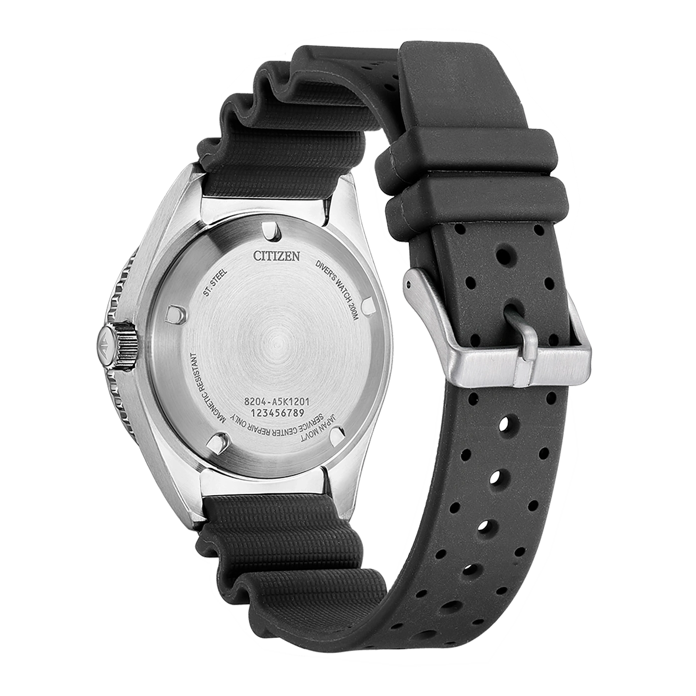Citizen watch back, black strap, stainless steel, diver's watch, magnetic resistant