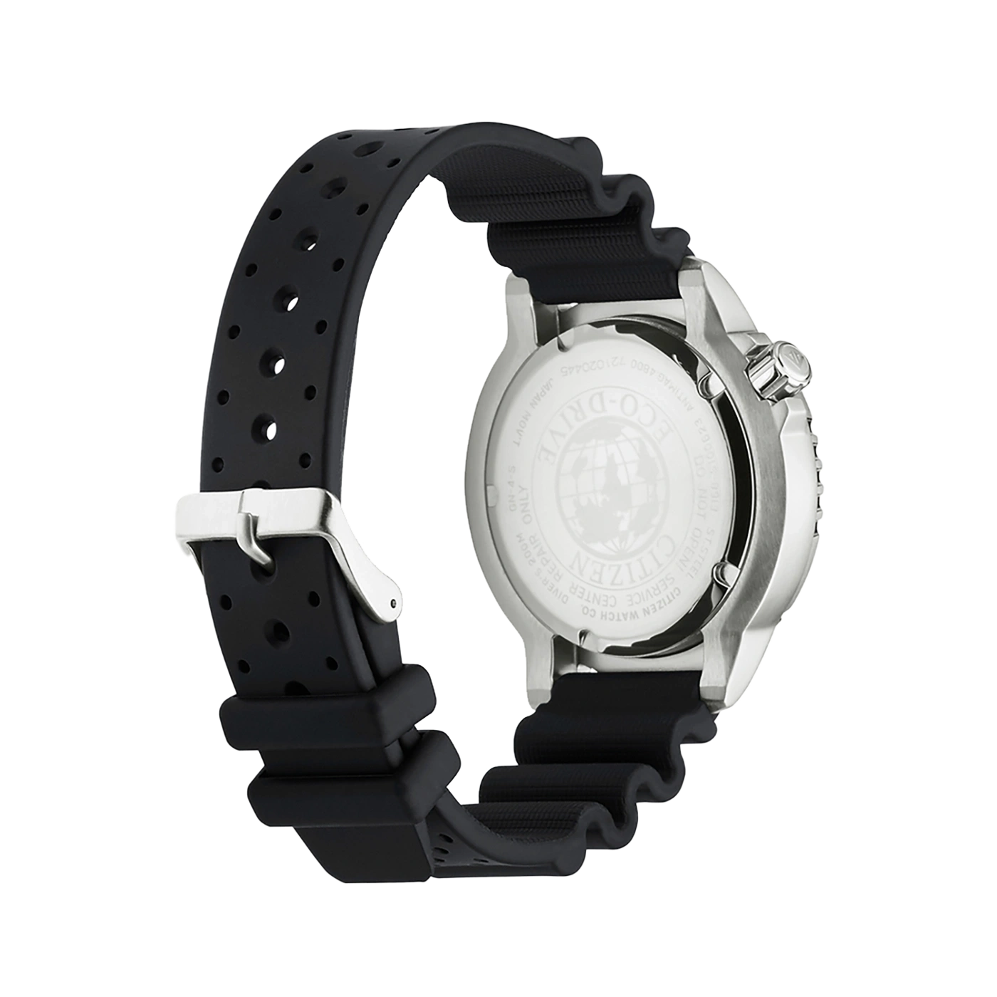 Citizen watch with black strap, back view, Eco-Drive, diver's watch