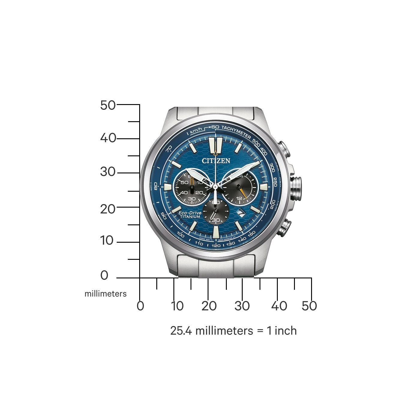 Citizen watch with blue face, tachymeter, and titanium Eco-Drive.