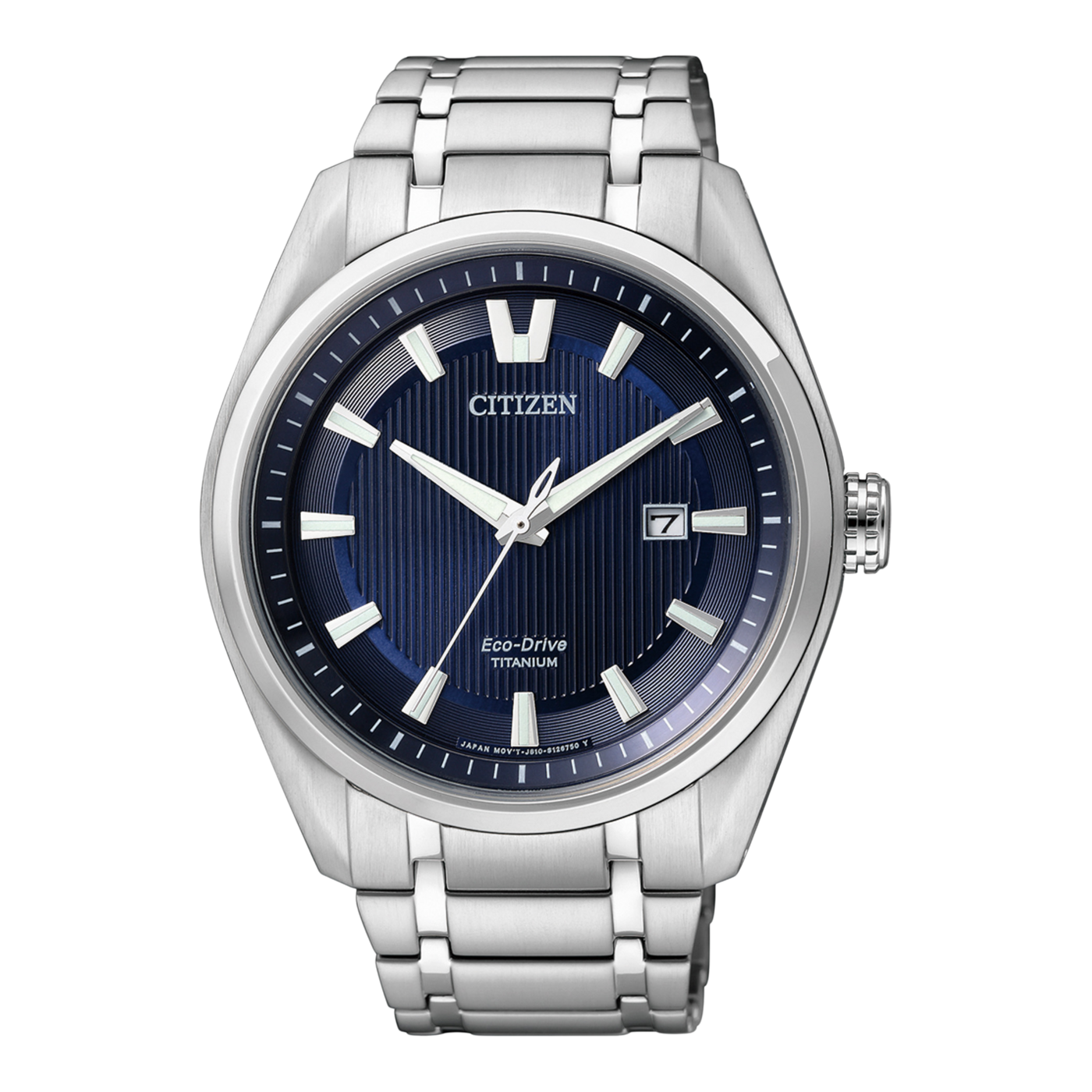 Citizen watch with blue dial and titanium bracelet, elegant design.