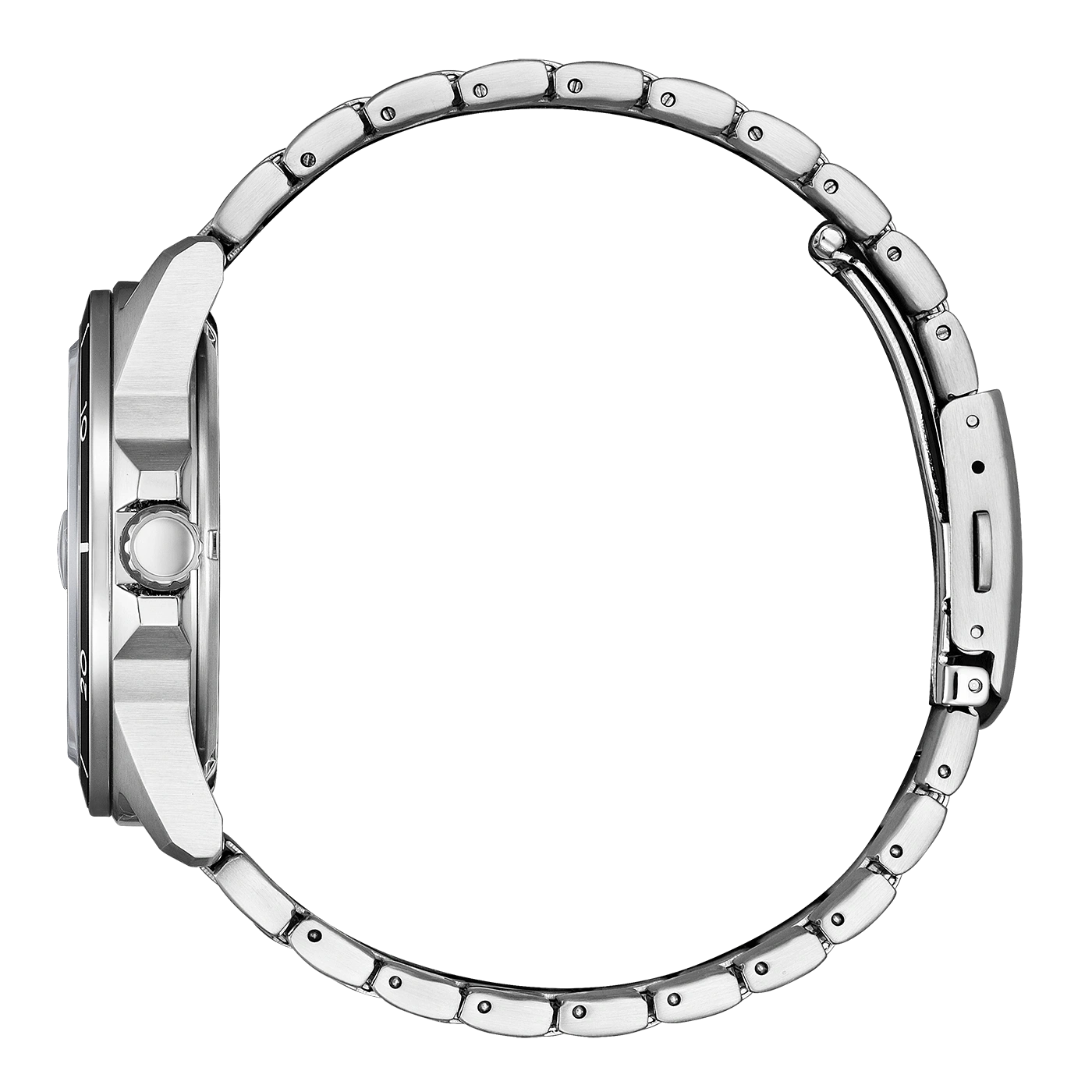 Side view of a silver wristwatch with a metal band, isolated on white background.