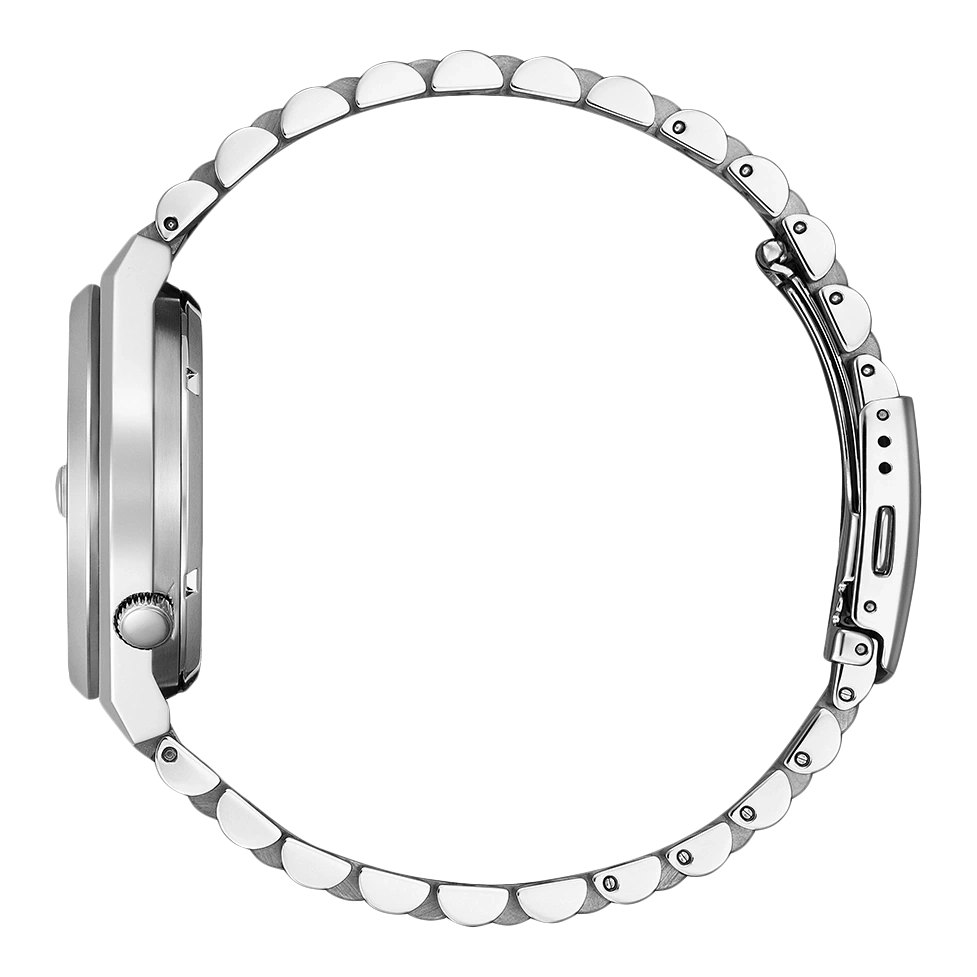 Side view of a silver wristwatch with a metal band.