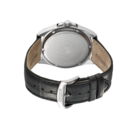Citizen watch back, black leather strap, sapphire glass, water resistant 10 bar.