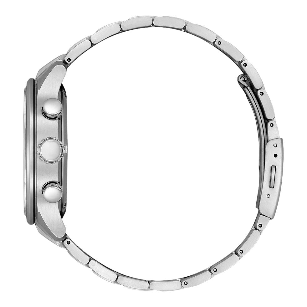 Side view of a silver wristwatch with a metal band and buttons.