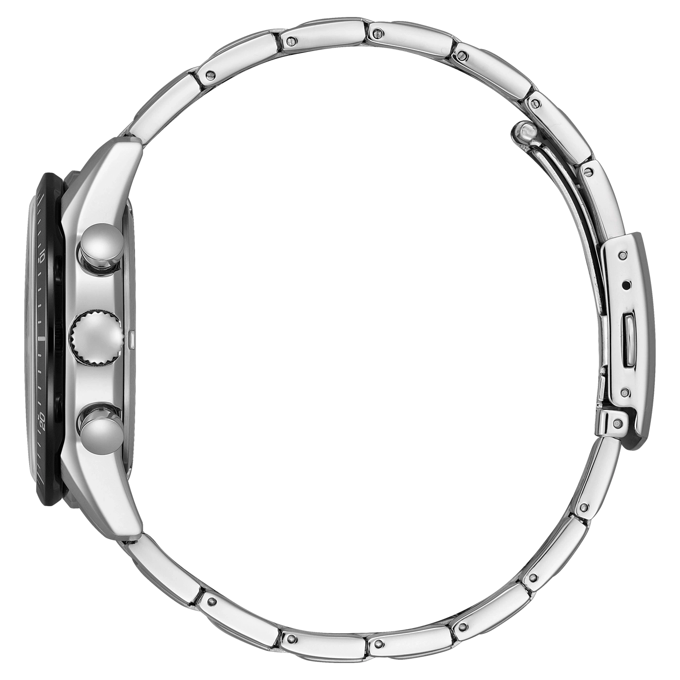 Side view of a silver wristwatch with a black dial and metal band.