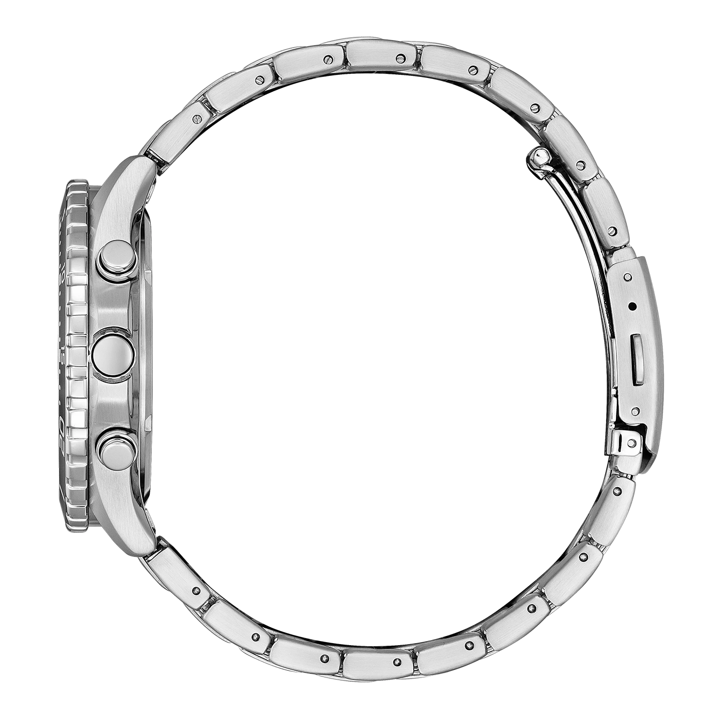 Silver watch side view, stainless steel bracelet, round dial, chronograph buttons