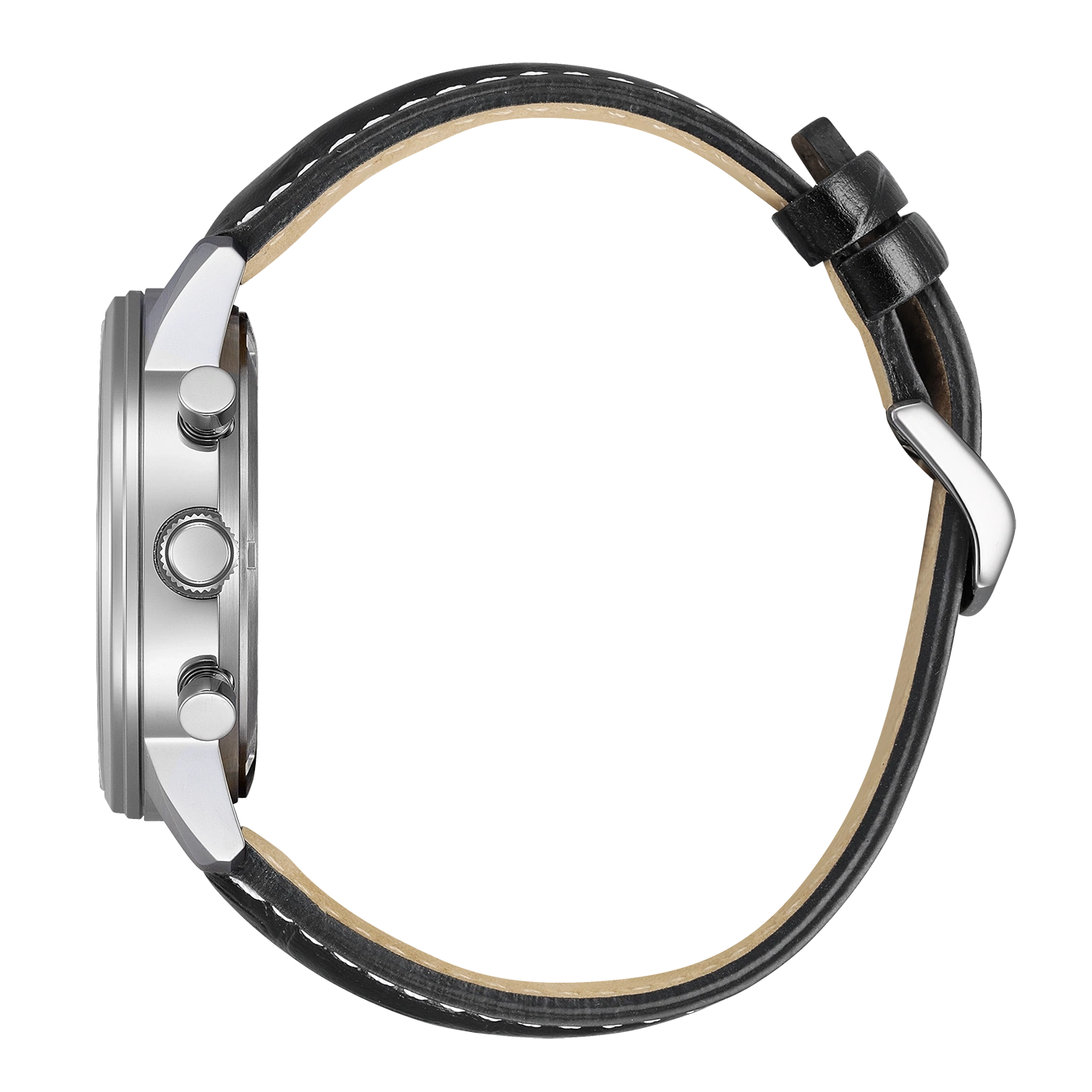 Side view of a silver watch with a black leather strap.