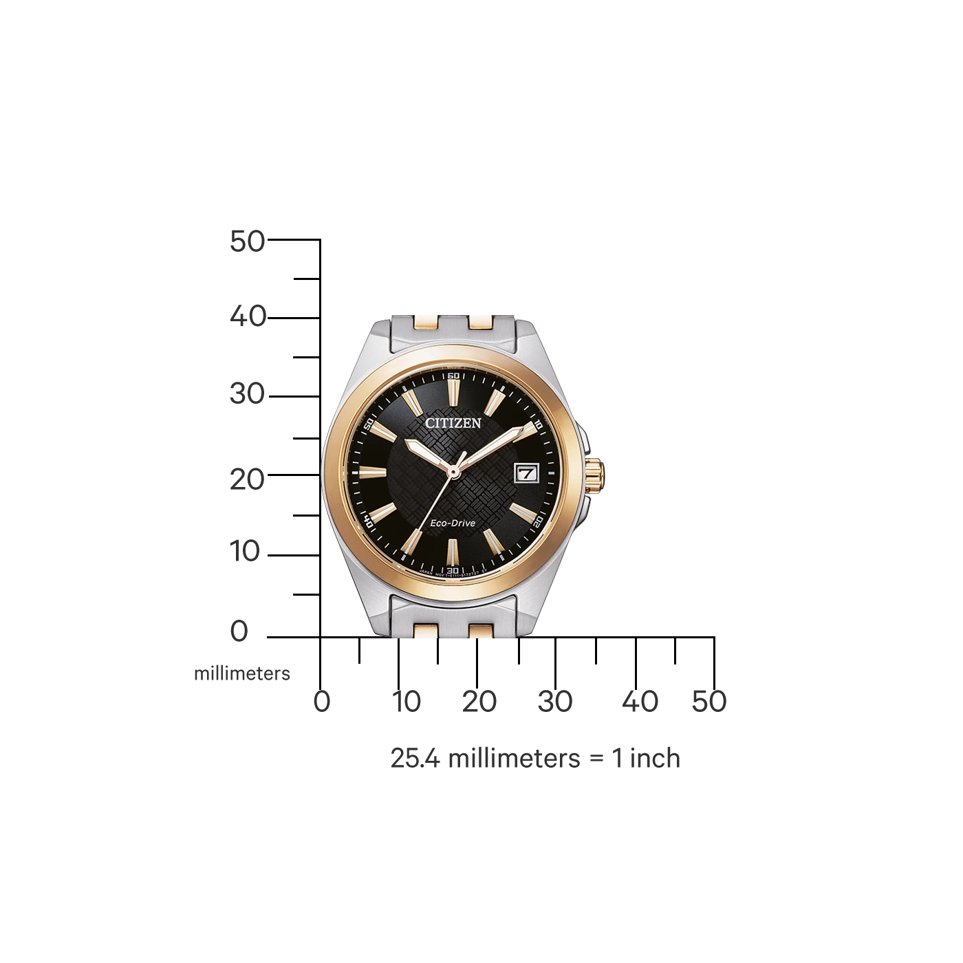 Citizen watch with black face, gold and silver accents, and Eco-Drive technology.