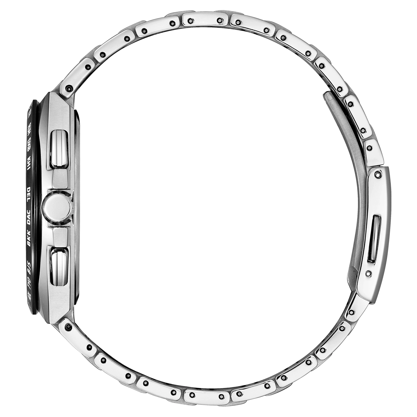 Side view of a silver wristwatch with a metal band, elegant design.