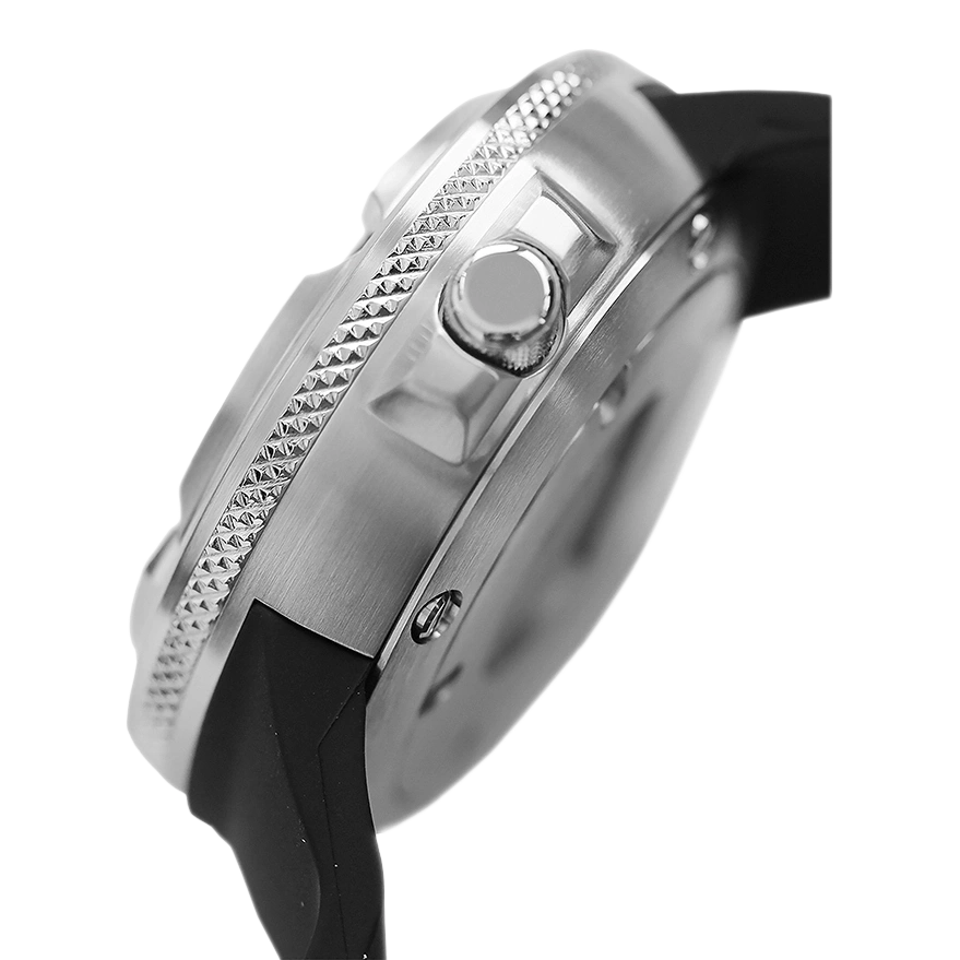 Close-up of a silver watch with a black strap and textured bezel.