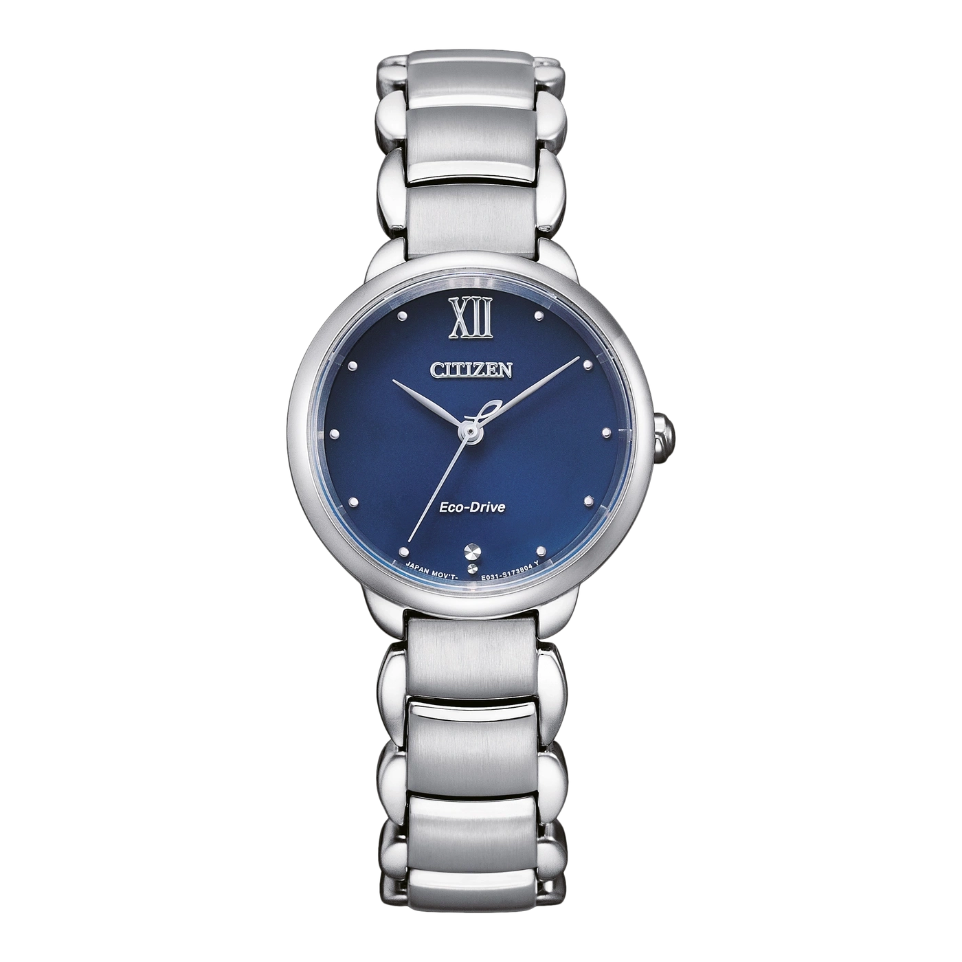 Citizen Eco-Drive watch with a blue dial and silver bracelet.