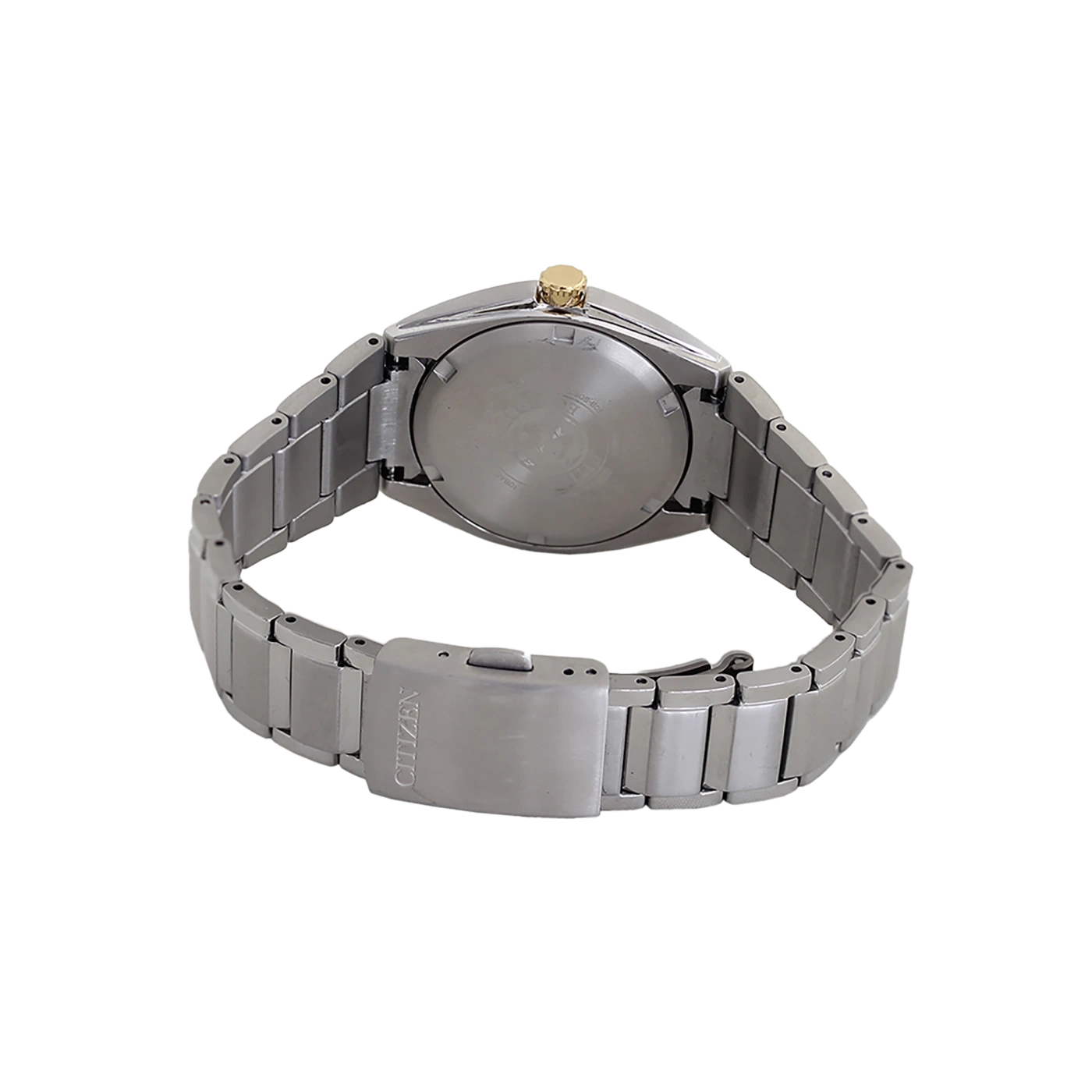 Citizen watch, silver strap, gold crown, back view, stainless steel, elegant