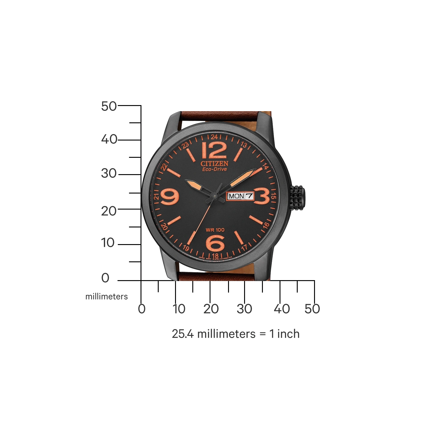 Citizen watch with black face, orange numbers, and brown leather strap. WR 100.