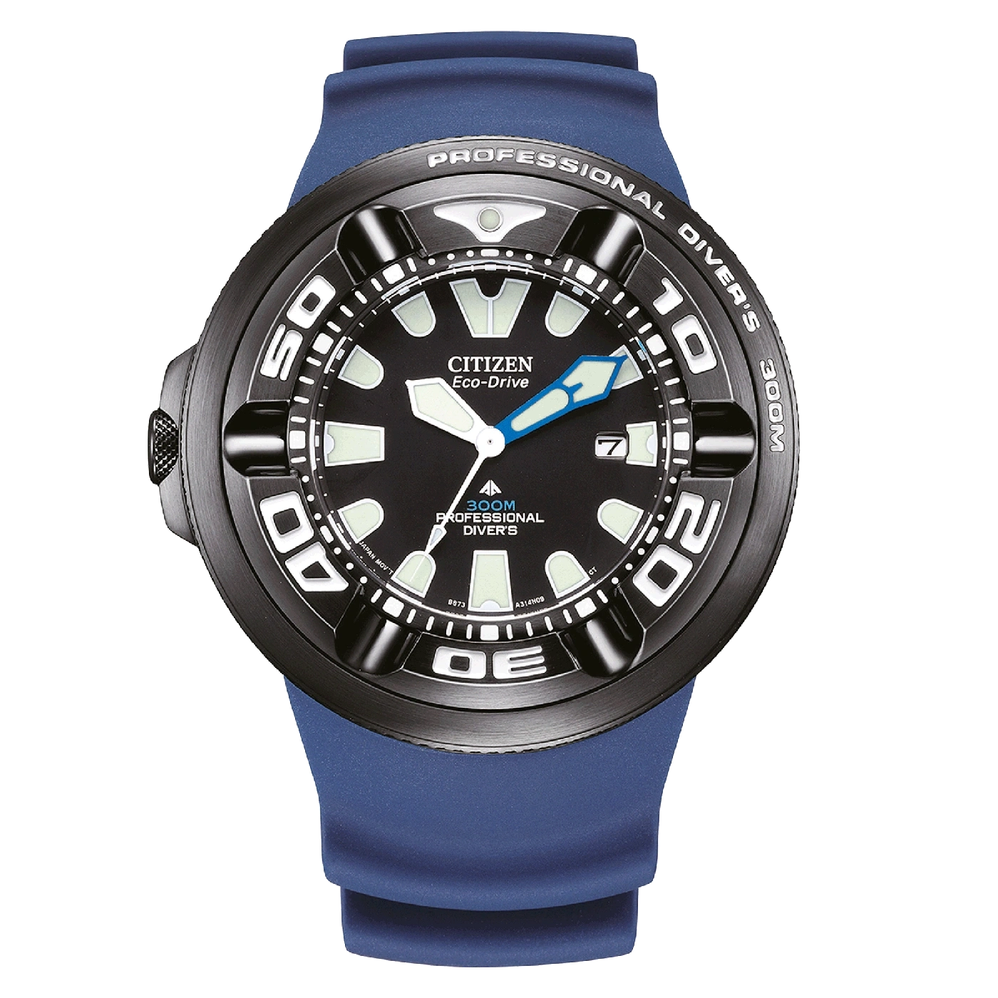 Citizen Eco-Drive watch with a black dial and blue strap, professional diver's watch.