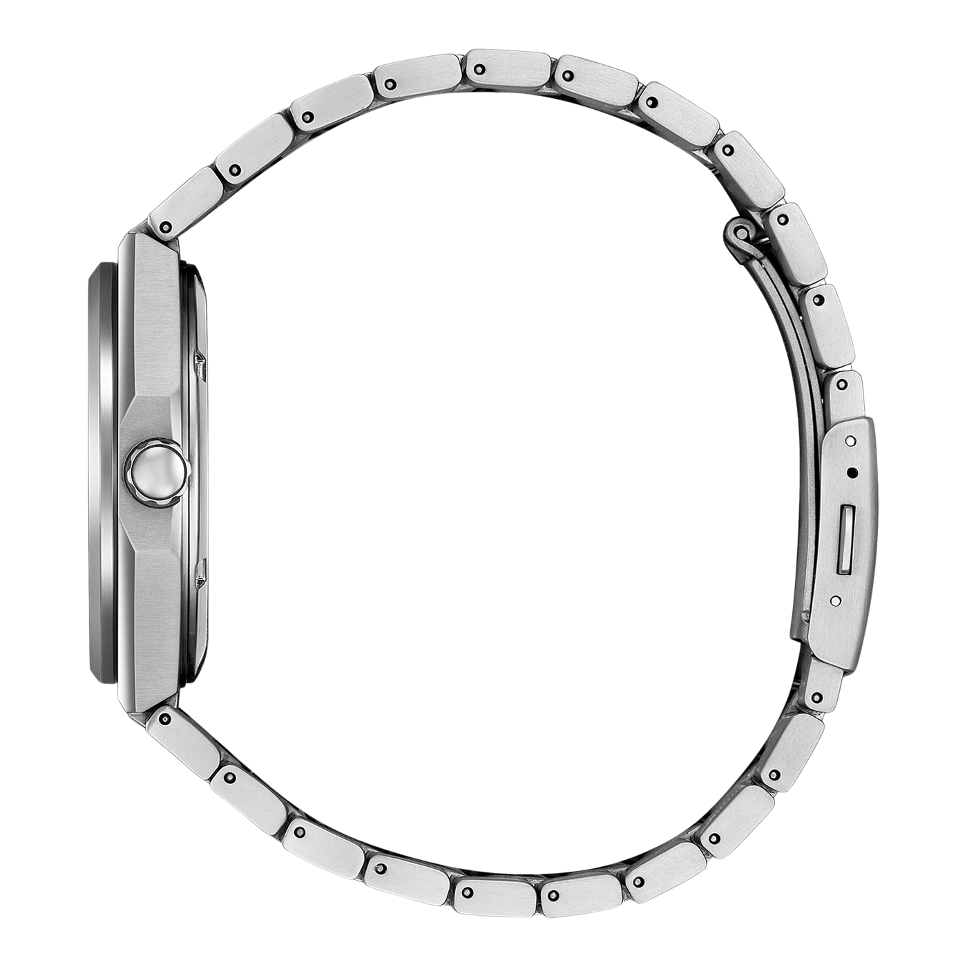 Side view of a silver watch with a metal strap on a black and white background.