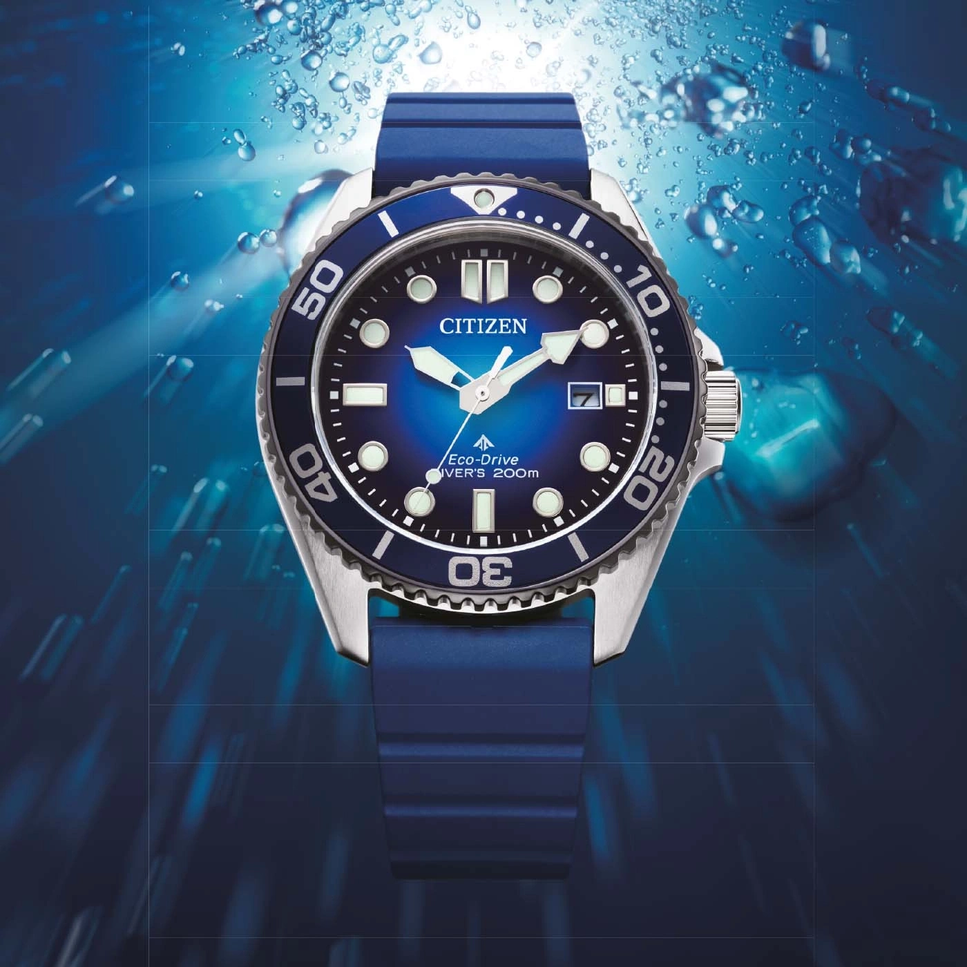 Blue Citizen Eco-Drive dive watch with rubber strap underwater