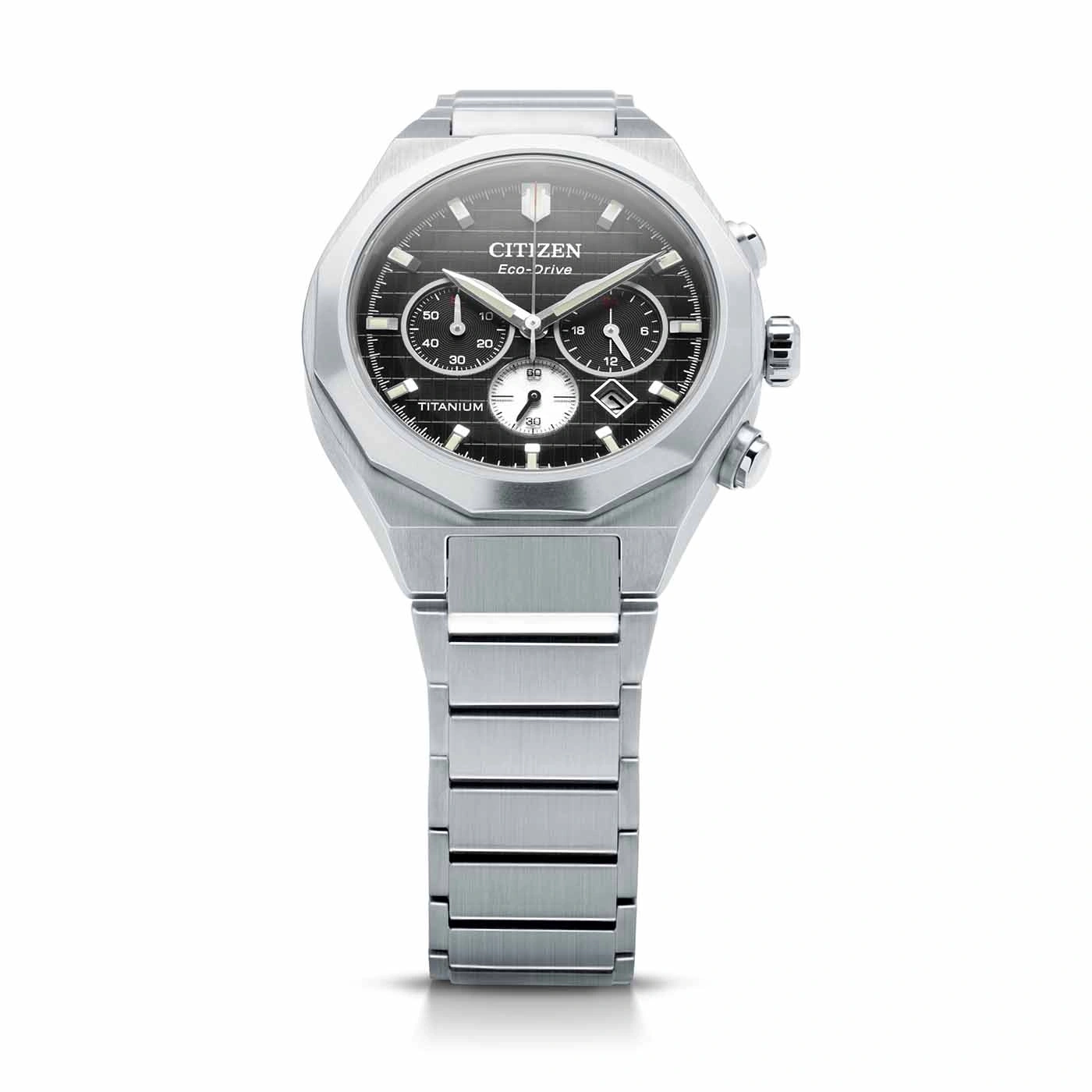 Citizen Eco-Drive titanium watch with black face and chronograph features.
