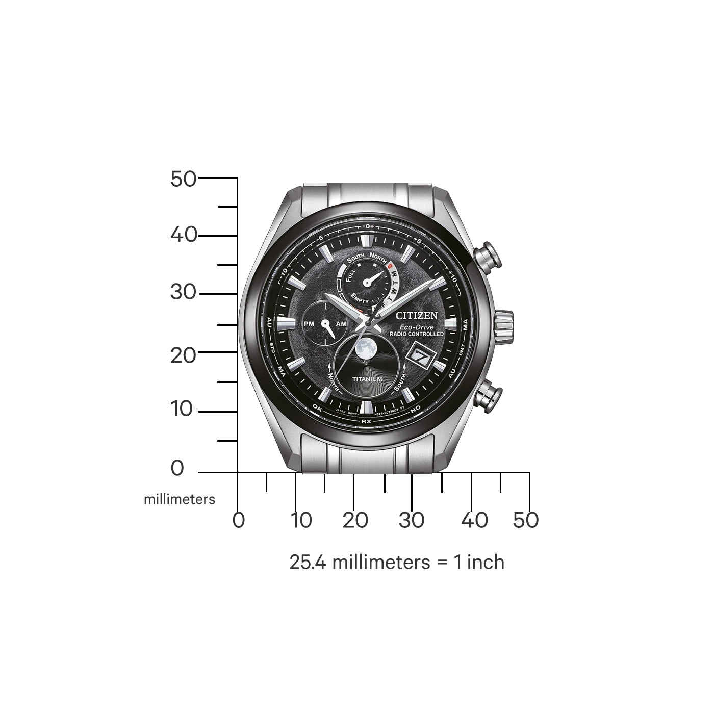 Citizen watch with titanium, radio controlled, Eco-Drive, and multiple dials.