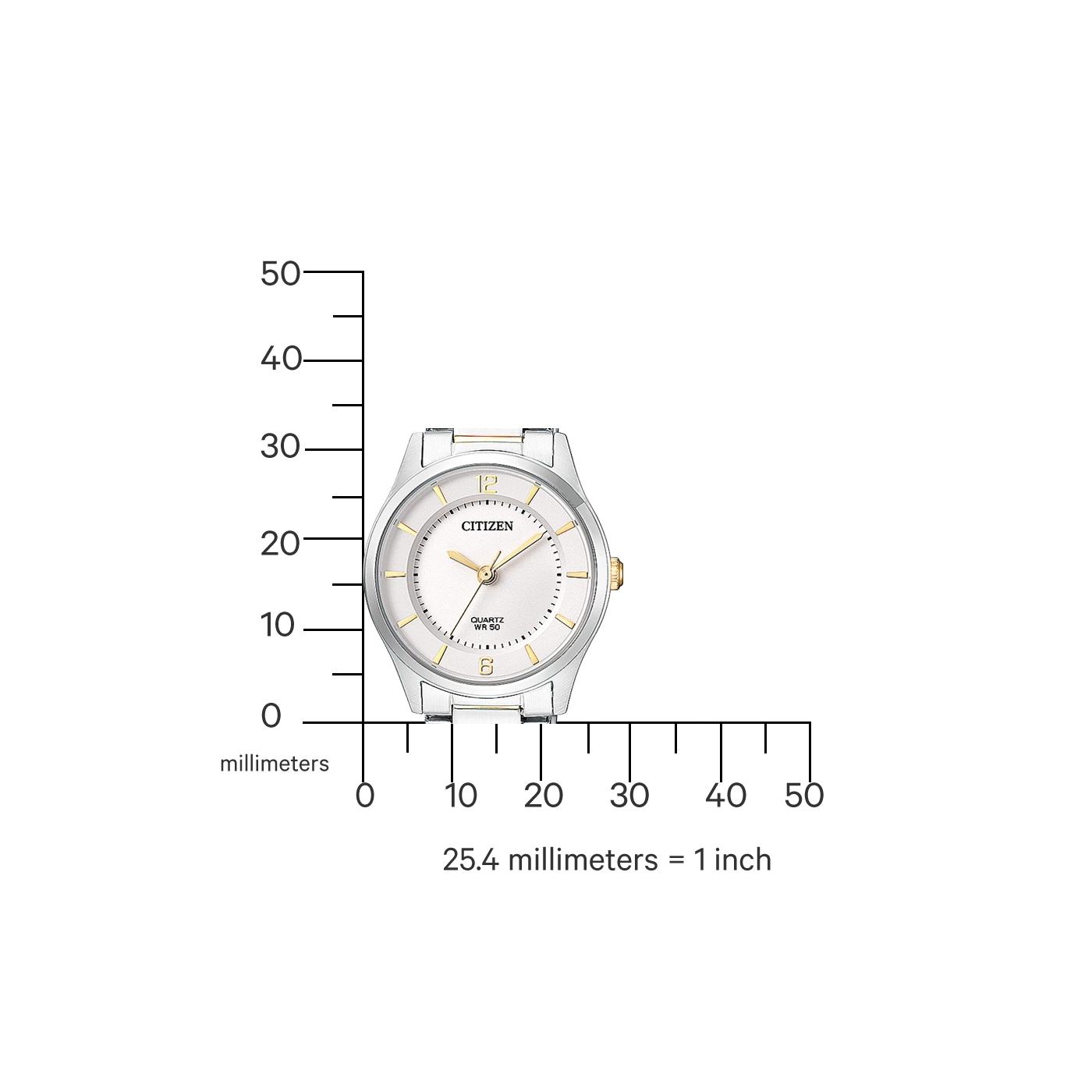 Citizen watch with white face, silver and gold accents, and a millimeter scale.