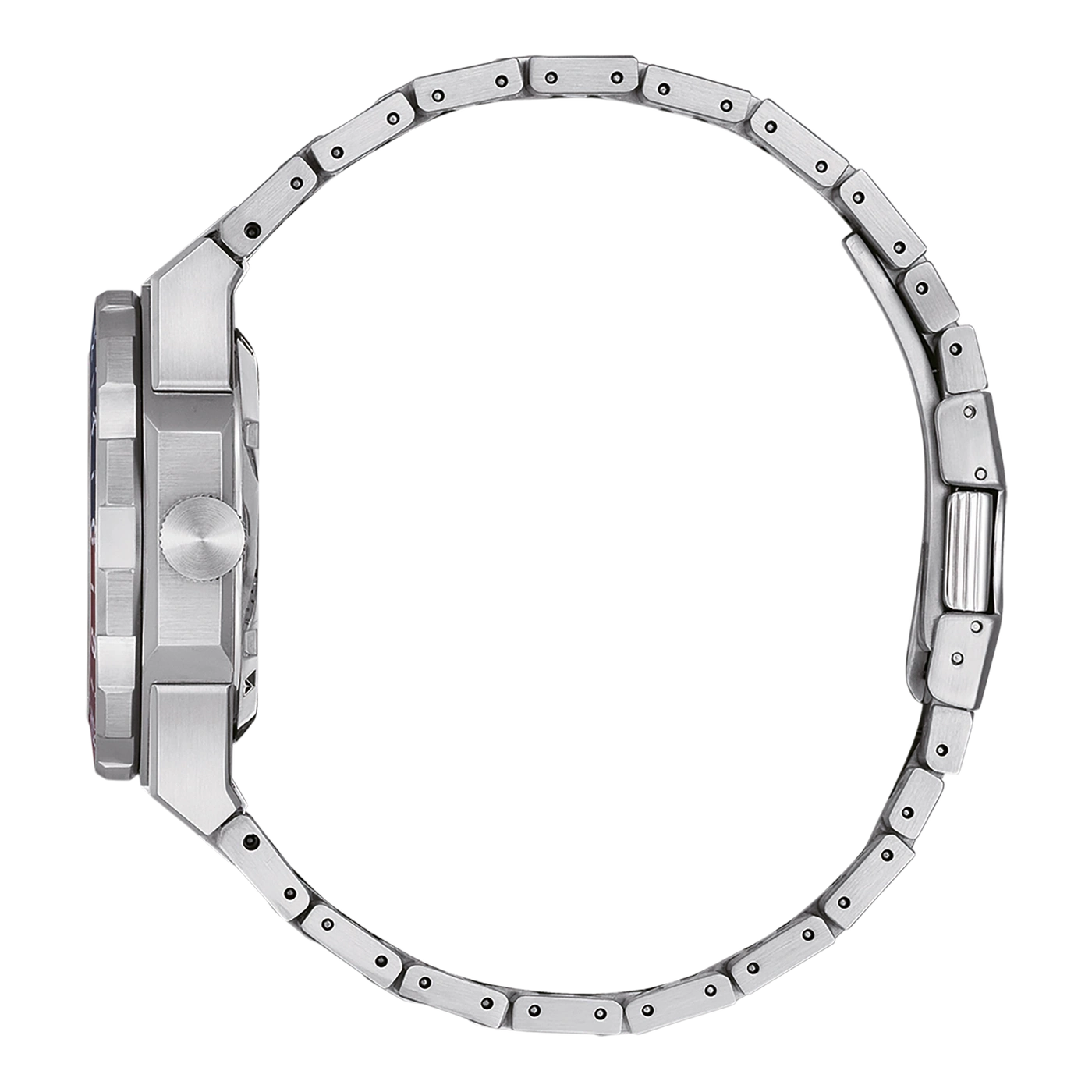 Side view of a silver watch with a metal strap and a square face.