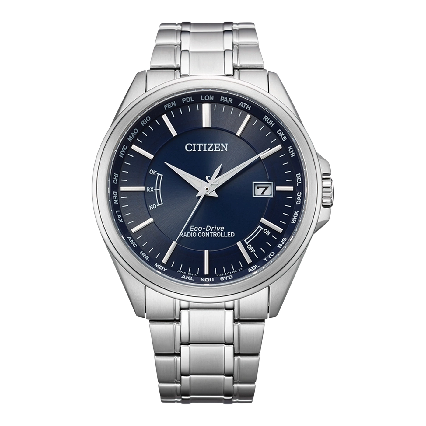 Citizen watch with blue face, silver band, and world time features.