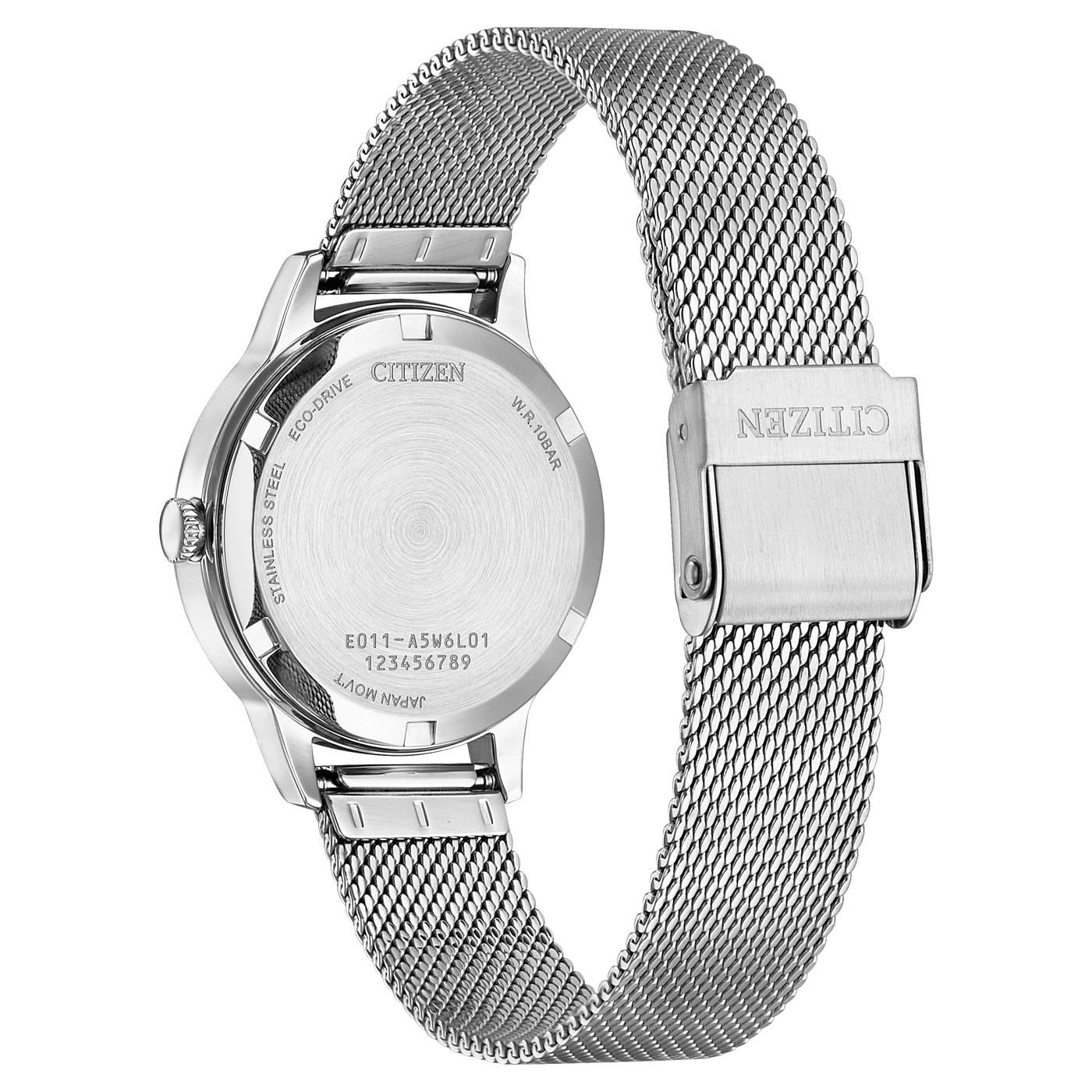 Citizen watch back, stainless steel, Eco-Drive, W.R.10BAR, Japan Mov't, model number.