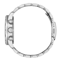 Side view of a silver watch with a metal strap and buttons.