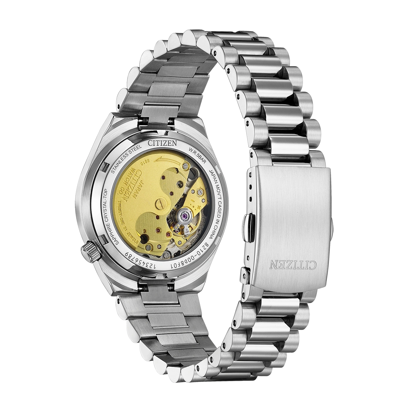 Citizen watch back with visible mechanism, stainless steel, and bracelet.