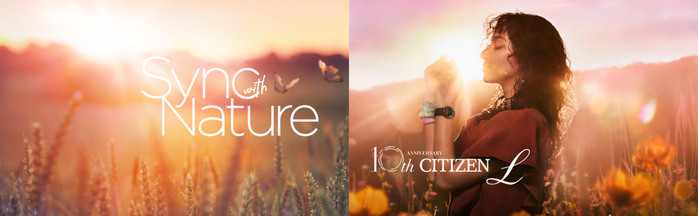 Woman in field with watch, 'Sync with Nature' and '10th Anniversary Citizen L'