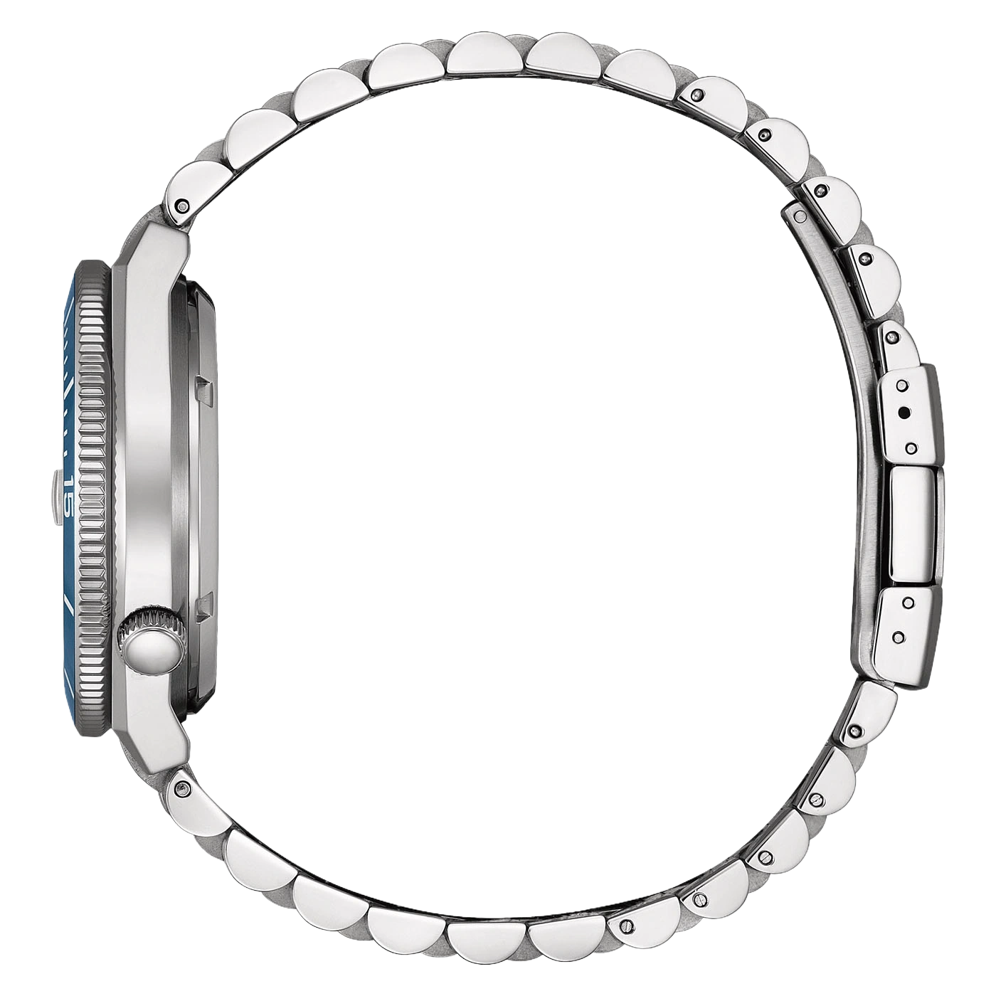 Side view of a silver watch with a blue dial and metal band.