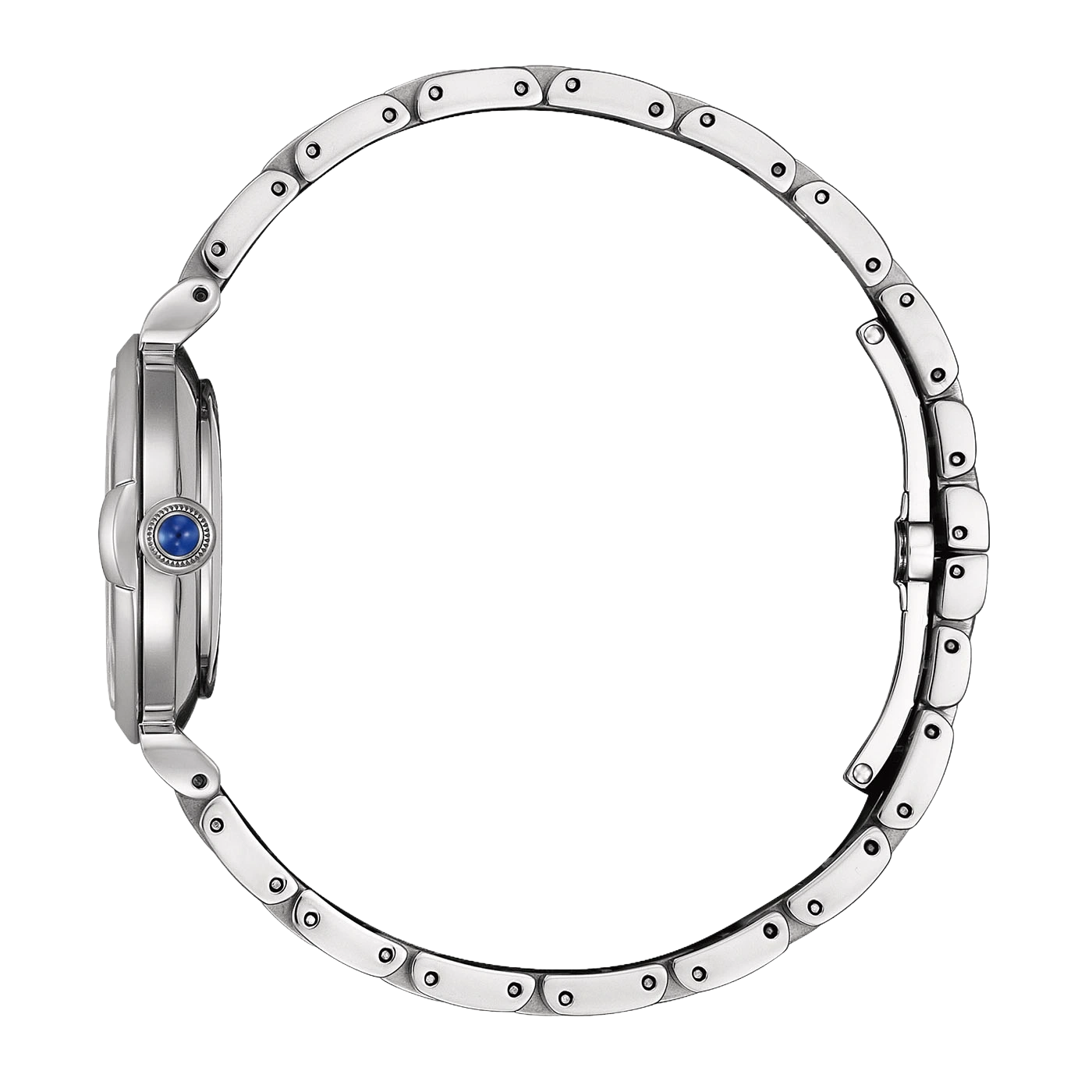 A silver watch with a blue gem on the side, on a white background.