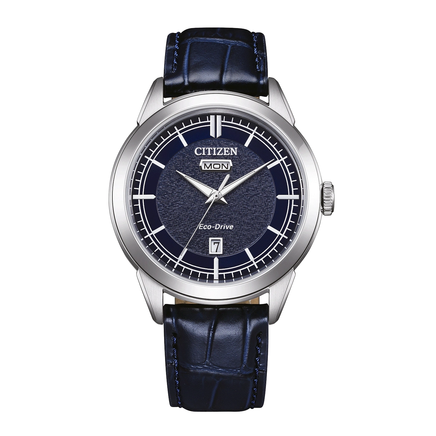 A Citizen Eco-Drive watch with a blue textured dial and a blue leather strap.