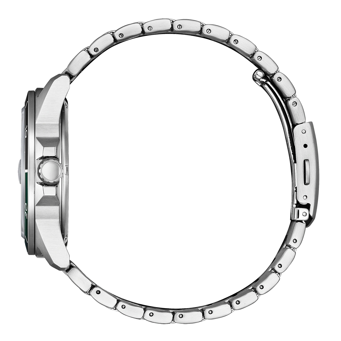 Side view of a silver wristwatch with a metal band and green accents.