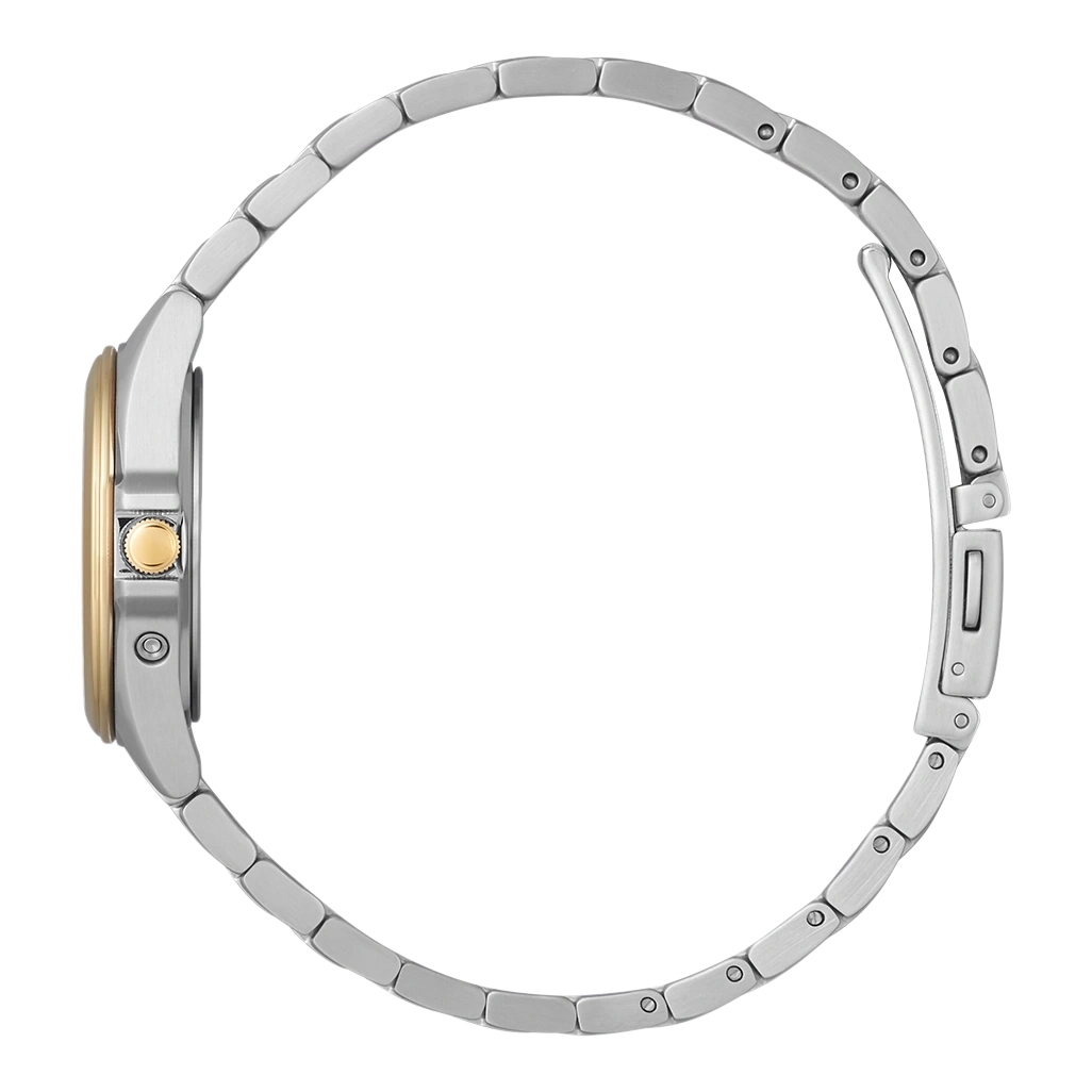 Side view of a silver watch with a gold face and band.
