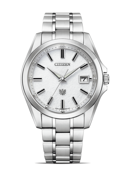Citizen watch with a white face and silver band on a green background