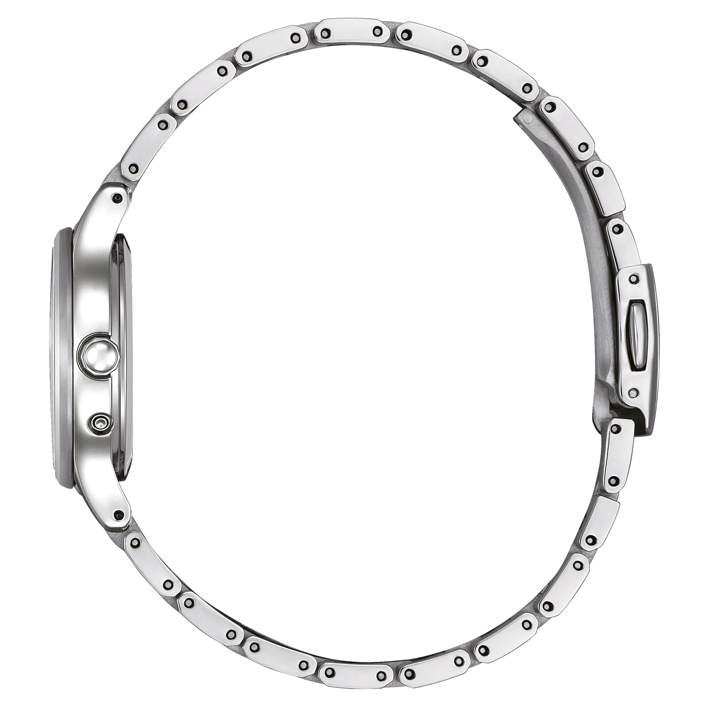 Side view of a silver wristwatch with a metal band on green background.