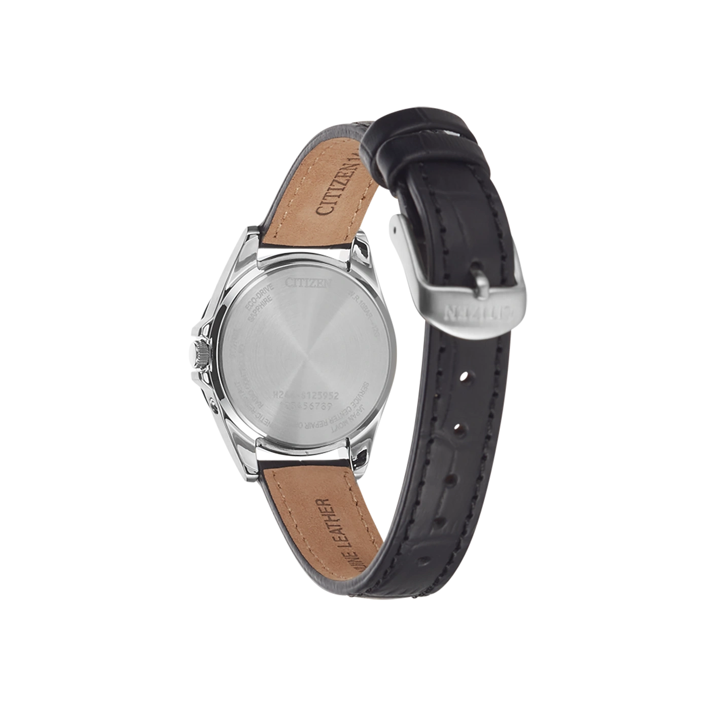 Citizen watch back, leather strap, Eco-Drive, sapphire, water resistant, Japan movement.