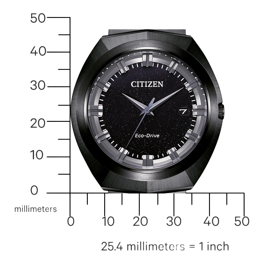 Citizen watch with black face and Eco-Drive technology, elegant design.