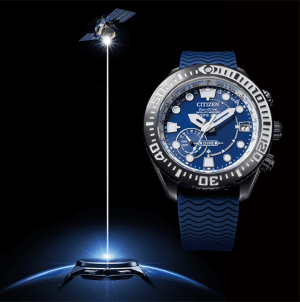 Citizen watch with satellite connection, blue dial and strap, black background.