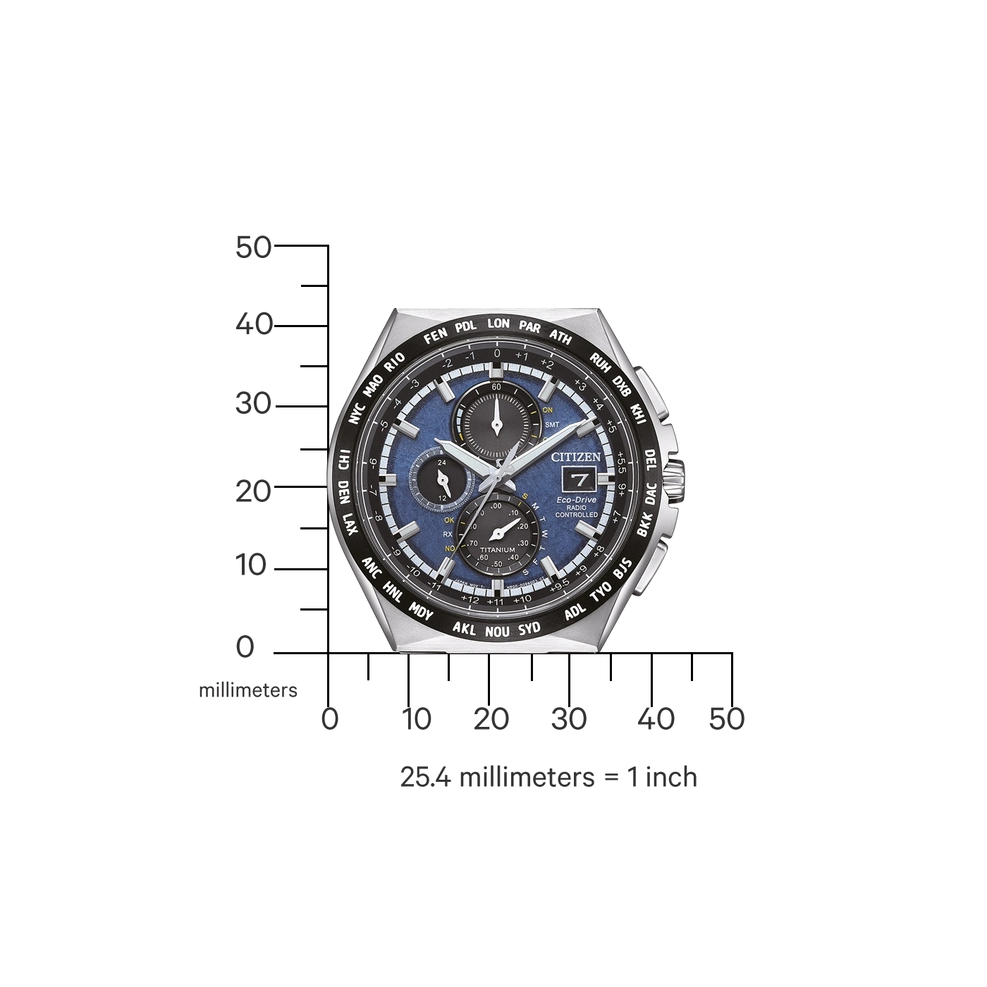 Citizen watch with time zones, date, and Eco-Drive technology. Titanium, radio controlled.
