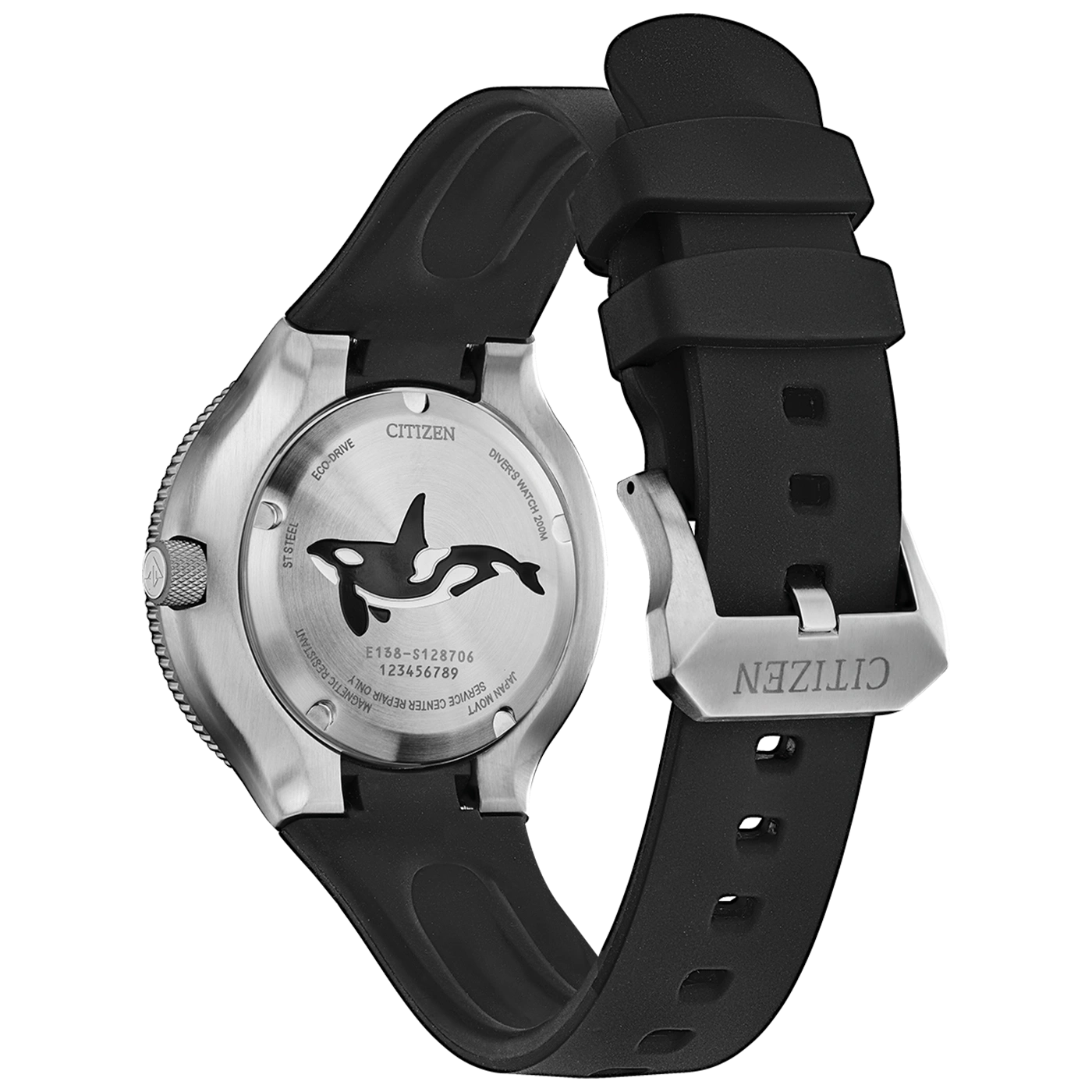 Citizen watch with black strap, orca design, and stainless steel back.