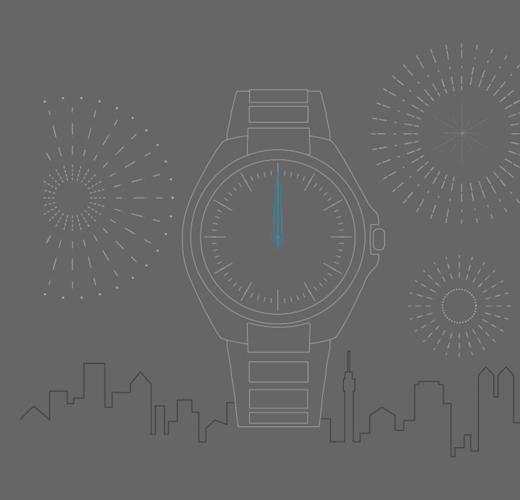 Watch showing midnight with fireworks and city skyline on gray background.