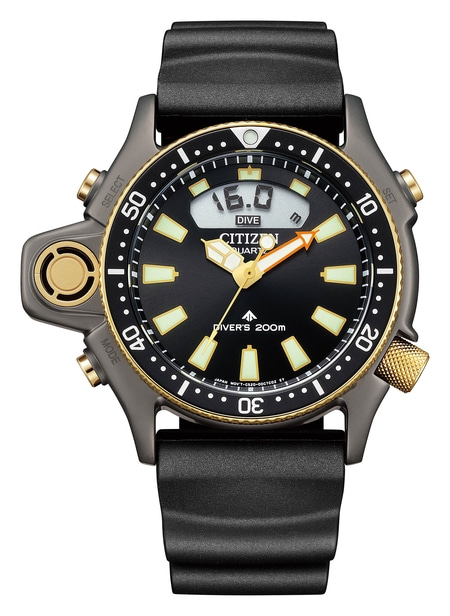 Citizen watch with black face, gold accents, and digital display, black strap