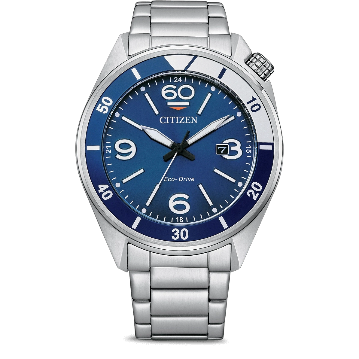 Citizen watch with blue dial, silver band, and date display. Eco-Drive technology.