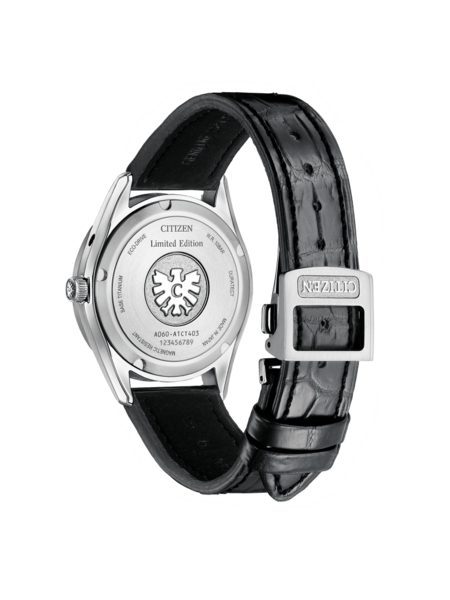 Citizen-Uhrrückseite mit schwarzem Lederarmband, limitierte Auflage, Titanbasis