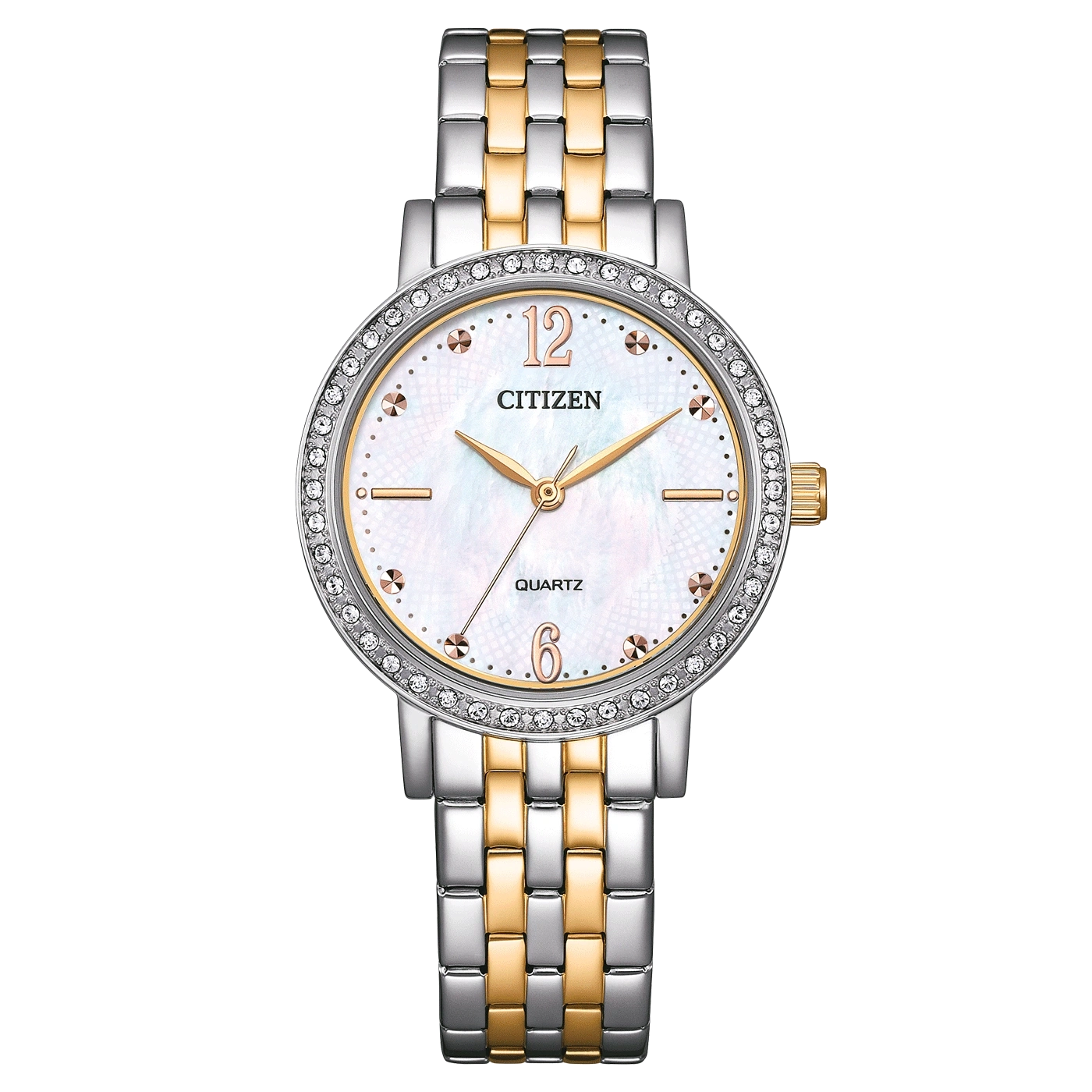 Citizen watch with a white face, gold and silver band, and diamond accents.