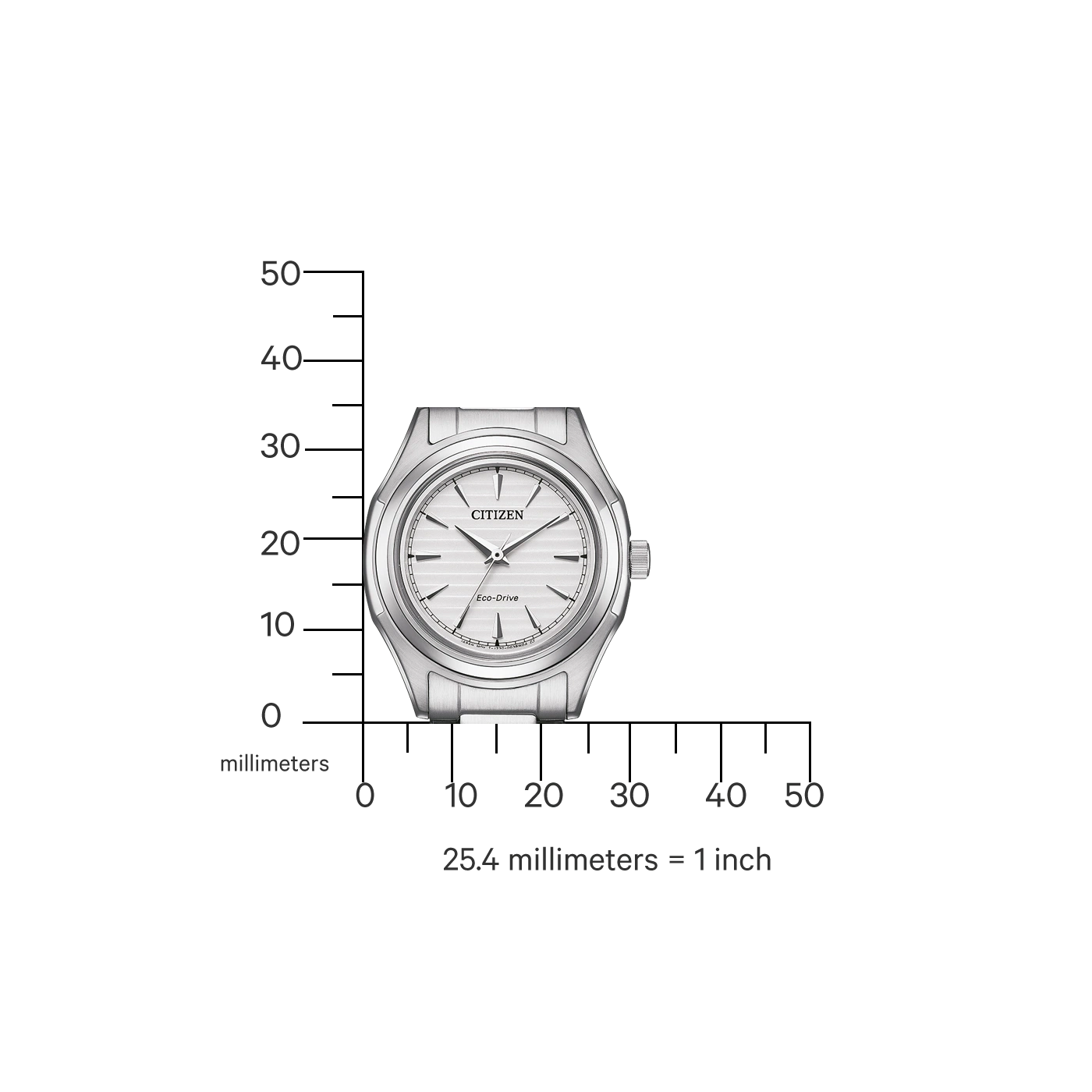 Citizen watch with Eco-Drive technology, silver color, and a millimeter scale for size.