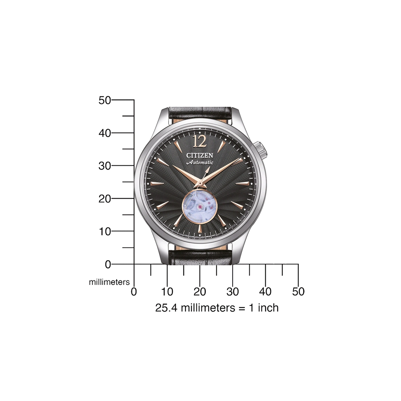 Citizen Automatic watch with a black face and a leather strap, with a scale in millimeters.