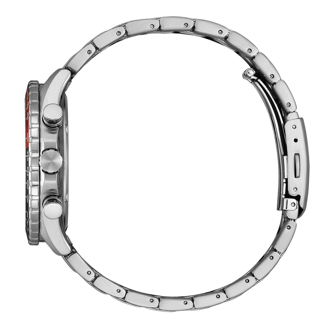 Side view of a silver watch with a metal band and red accents.