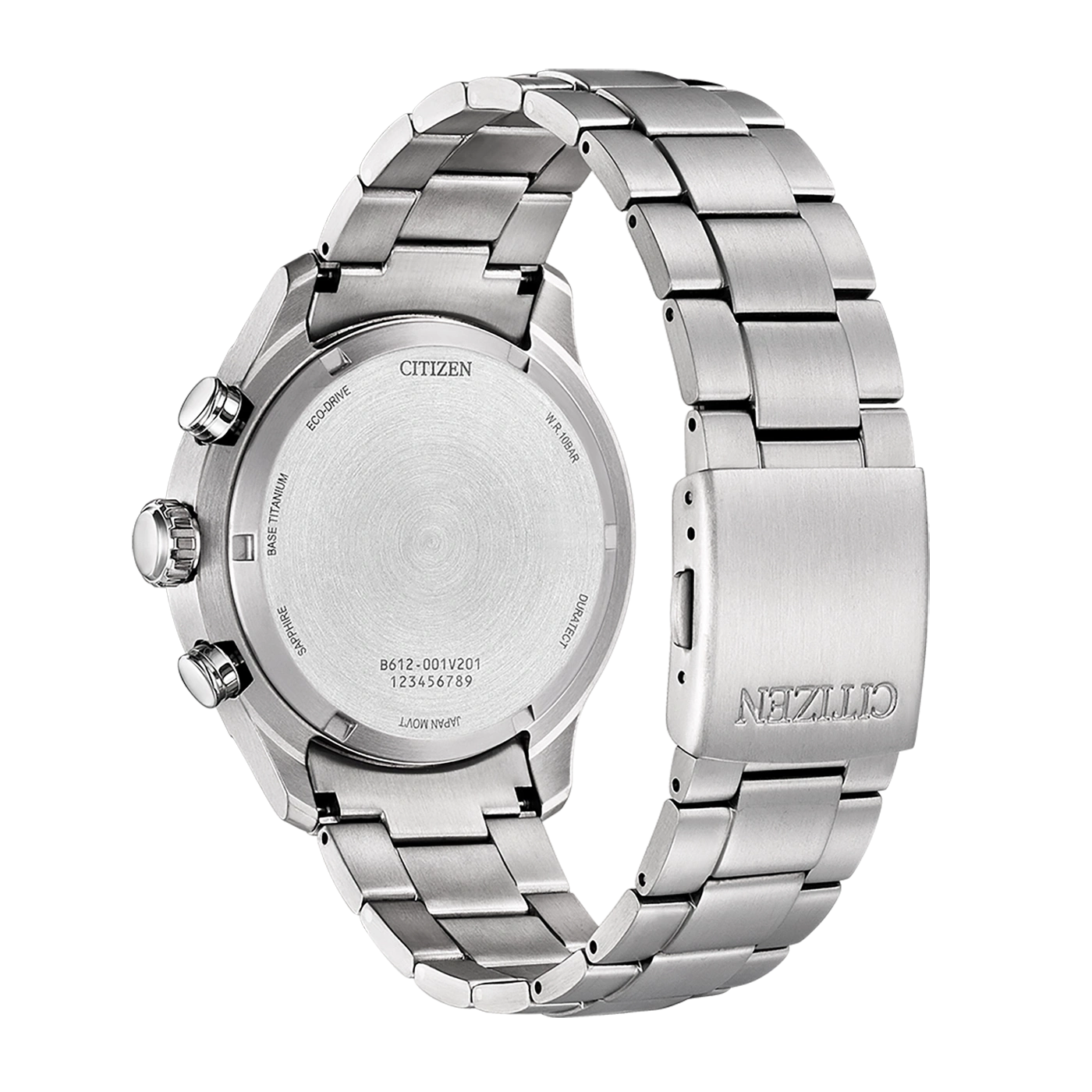 Citizen watch back, stainless steel, Eco-Drive, sapphire, Japan movt, W.R.10bar